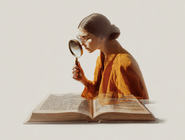 AI-genererad bild av kvinna som söker information med ett förstoringsglas